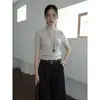 Tejido de punto de manga corta texturizado Mmc para mujer, nuevo estilo de otoño, estilo coreano, ajuste ceñido, camiseta básica de mohair con cuello medio alto