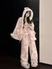 Pijama de Tirantes Relleno Rosa Dulce Chica Deseo Puro Lazo Terciopelo Coral Cálido Conjunto de Tres Piezas Ropa de Casa Otoño e Invierno para Mujer