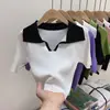 Camiseta Polo Manga Curta com Costura em Cor Contrastante Feminina Curta Elegante Fio de Seda Gelada Slim Gola Lapela Malha Top Verão