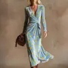 Vestido Transfronteiriço Novo Estilo com Decote em V e Mangas Longas com Elementos de Impressão Digital 3D, Saia Fashion e Personalizada para Marcar a Cintura Feminina