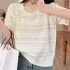 Nueva Camiseta de Punto de Seda Helada Calada de Manga Corta para Verano 2026 para Mujeres Ligeramente Gorditas, Top Rayado Holgado y Adelgazante