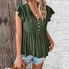 Bai Fen Zhi Yi Roupa Casual Europeia e Americana para Encontros Estilo Simples Transfronteiriço Camisa de Cor Sólida Manga com Babados Decote V Cadarço Solta