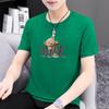 Camiseta de algodón puro de manga corta para hombre, holgada, de verano, con cuello redondo, blanca, con estampado de oso y media manga.