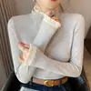 Blusa de Cashmere Espessa Feminina Outono e Inverno Lã Gola Semi-alta Renda Camiseta de Manga Longa Estilo Ocidental Camiseta Térmica