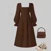 Vestido de Princesa para Niña 2025 Otoño e Invierno Nuevo Estilo Cuadrado Francés Mangas de Linterna Elegante Vestido de Longitud Media
