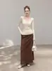 Novo top de malha de cor sólida macio, estilo coreano, com gola torcida e acinturado, emagrecedor, para mulheres