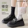 Meias finas de renda vazada em malha para primavera e verão, de comprimento médio para mulheres, meias JK de comprimento médio combinadas com sapatos Mary Jane de couro