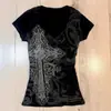 Y2K Milenio Sexy Chica Caliente Cuello en V Cruzado Manga Corta Mujer Verano 2026 Nuevo Estilo Gótico Adelgazante Camiseta Estampada