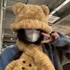Sombrero de Pescador de Felpa con Orejas de Oso Lindo Estilo Coreano para Mujer Sombrero de Otoño e Invierno Bufanda para el Cuello Cálida a Prueba de Frío Bufanda de Dibujos Animados