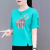 Comércio Exterior Transfronteiriço Roupas para Mães, Camiseta Feminina de Manga Curta para Meia-Idade, Blusa Feminina Plus Size Solta de Meia-Manga, Camiseta Básica