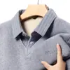 Camisa Polo Transfronteiriça Inverno Novo Estilo Forrada com Fleece Espessada Peça Única Veludo Quente Gola Lapela Chenille Falso Duas Peças Listrada Manga Longa