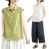 Foto Real de Camisa Artística de Color Puro 2025 para Mujer Verano Estilo Japonés Camisa Casual Suelta Delgada Solapa Chaleco Top para Mujer