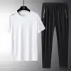 Traje de Verão 2023 de Seda Gelada com Manga Curta Masculino Calças de Seda Gelada Camiseta de Seda Gelada Calças de Perna Reta de Seda Gelada