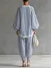 Traje Suelto con Rayas Azules y Blancas y Ribete de Encaje para Mujer 2026 Nuevo Moda Europea y Americana Casual Conjunto de Dos Piezas con Pantalones de Pierna Ancha y Mangas Largas