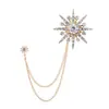 Broche de girassol com franja de oito pontas estilo britânico transfronteiriço com corrente de camada dupla, broche vintage de strass unissex