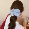 Scrunchie Bordado com Laço Doce Estilo Coreano Listrado Prendedor de Cabelo para Mulheres com Toque de Luxo, Faixa de Cabelo Prendedor de Rabo de Cavalo