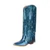 40--48 Tamanho Grande Botas Comércio Exterior Transfronteiriço Botas com Franjas Europeias e Americanas Bico Fino Salto Grosso Cano Alto Botas Longas Femininas Botas Western Dropshipping
