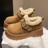 Sapatos femininos de algodão estilo Birkenstock com sola grossa para o inverno, novos mocassins retrô 2026 forrados com fleece, botas de neve quentes