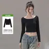 Camiseta Elástica Suave de Cuello Barco Hombro Derecho para Mujer Manga Larga Raglán Ajustada a la Cintura Sexy Diseño Corto con Sentido Versátil Capa Base