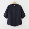 82609 Camisa de Algodón Gasa de Doble Capa con Bolsillo y Cuello Mao de Manga Media para Mujer 2026 Nuevo Top Blusa Casual de Verano