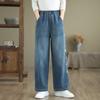 Jeans reto de outono de 2024, estilo cartoon japonês, bordado de animal, cintura elástica solta, calças retas, calças femininas para atacado
