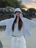 Roupa de Proteção Solar com Fio Original de Seda de Gelo UPF50+ para Mulheres, Top Tipo Capa de Verão Fino, Solto e Respirável com Aba de Borracha Preta, Jaqueta Amiga da Pele