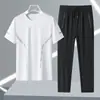 Traje de Verano para Hombre de Seda de Hielo Transpirable Deportivo Casual Cuello Redondo Pantalón Largo Traje de Secado Rápido Traje de Manga Corta de Seda de Hielo para Hombre