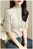 Camisa Base Gris para Mujer, Cuello Medio Alto de Alta Gama, Manga de Tres Cuartos, Top de Manga Media Ajustado, Camiseta de Punto A7691