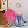 Camiseta Manga Curta para Meninas 2026 Verão Nova Estilo Coreano Infantil Solta Gola Redonda Strass Estampagem a Quente Top Conjunto para Bebê Menina Tendência