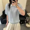 Top de punto calado con trenzas y cuello polo de manga corta para mujer, nuevo diseño fino de verano 2026, camiseta holgada