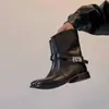 Botas de Montaria Super Macias de Couro de Vaca com Fivela de Metal Salto Bloco Altas até o Joelho para Mulheres Emagrecimento Versátil Bico Redondo Estilo Britânico Botas de Cowboy Ocidentais