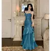 Vestido Azul Sereia Longo com Bojos e Alças para Cerimônia de Debutante, Festa de Aniversário e Noite das Meninas