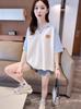 Camiseta de Manga Corta con Cuello Polo en Contraste para Mujer Verano Nuevo Diseño Oso Lazo Bordado Holgada Top Corto