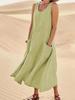 Site Independente da Amazon Wish2023 Comércio Exterior Europeu e Americano Vestido Feminino de Algodão e Linho de Bolso Sem Mangas Gola Redonda Vintage