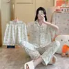 2025 Novo Cardigan Nuvens Algodão Primavera e Outono Pijama Feminino Manga Curta Calça Terno de Pijama Três Peças Roupa de Casa