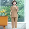 Traje de Verano de Algodón y Lino de Manga Corta Moda Madre de Mediana Edad Estilo Occidental Camiseta Conjunto de Dos Piezas Ropa para Mujeres de Mediana Edad y Mayores Delgado Verano