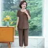 Traje de Verano de Algodón y Lino de Manga Corta Moda Madre de Mediana Edad Estilo Occidental Camiseta Conjunto de Dos Piezas Ropa para Mujeres de Mediana Edad y Mayores Delgado Verano