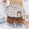 Terno de verão para meninos, estilo bebê, camisa de urso com bolso, duas peças, terno de verão, shorts de manga curta para crianças
