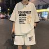 Conjunto Casual Waffle Masculino Verão Shorts de Seda Gelo Camiseta de Manga Curta com Estampa Jovem Bonita Falso Duas Peças