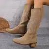Botas Altas de Viaje Adelgazantes con Tacón Grueso y Boca en V, Nuevas de Primavera y Otoño, Transfronterizas, con Bordado, Botas Vaqueras Retro Occidentales