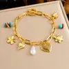 Pulsera Colgante de Acero Inoxidable Chapado en Oro Multielemento Cabeza de Retrato Redonda Flor Amor Grava de Colores