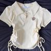 Verano Nuevo Estilo Estilo Bm Americano Retro Corto Cordón Insignia Bordado Cuello Polo Manga Corta Top para Mujer