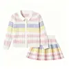 Conjunto Colorido de Malha de Algodão com Listras para Meninas Estilo 2026, Conjunto de Duas Peças Fashionável Estilo Coreano com Cardigã de Manga Longa e Saia