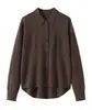 Corto delante y largo detrás, cárdigan de punto para mujer 100% lana pura con cuello polo, chaqueta de estilo casual holgado y perezoso