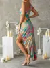 Moda de Verano para Mujer para Comercio Exterior, Estilo Europeo y Americano, Sitio Independiente, Aliexpress, Vestido de Tirantes Cruzados Plisado Estampado de Un Solo Hombro Sin Mangas Inspirado en Diseñador