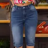 Jeans Feminino Europeu e Americano Exclusivo Transfronteiriço Moda Jeans Slim Stretch Jeans Denim Calça Reta de Cinco Pontos de Comprimento Médio Novo Estilo