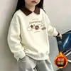 Camada base feminina com forro de fleece para outono e inverno, novo estilo 2026, gola redonda, moletom quente, blusa de manga longa raglan com blocos de cor para crianças mais velhas