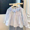 Camisa de Manga Larga con Cuello de Encaje y Lazo, Estilo Nuevo de Primavera para Niñas, Blusa para Bebé Niña, Top Elegante para Niños, Ropa Moderna para Niños