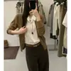 Novo cardigan de malha de linho patchwork com lapela estilo faculdade francesa para outono para mulheres, top falso de duas peças estilo old money