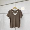 Camiseta de manga corta con cuello en V y diseño falso de dos piezas para mujer, verano nuevo, simple, alta elasticidad, suave, top tipo máscara, venta al por mayor para mujer